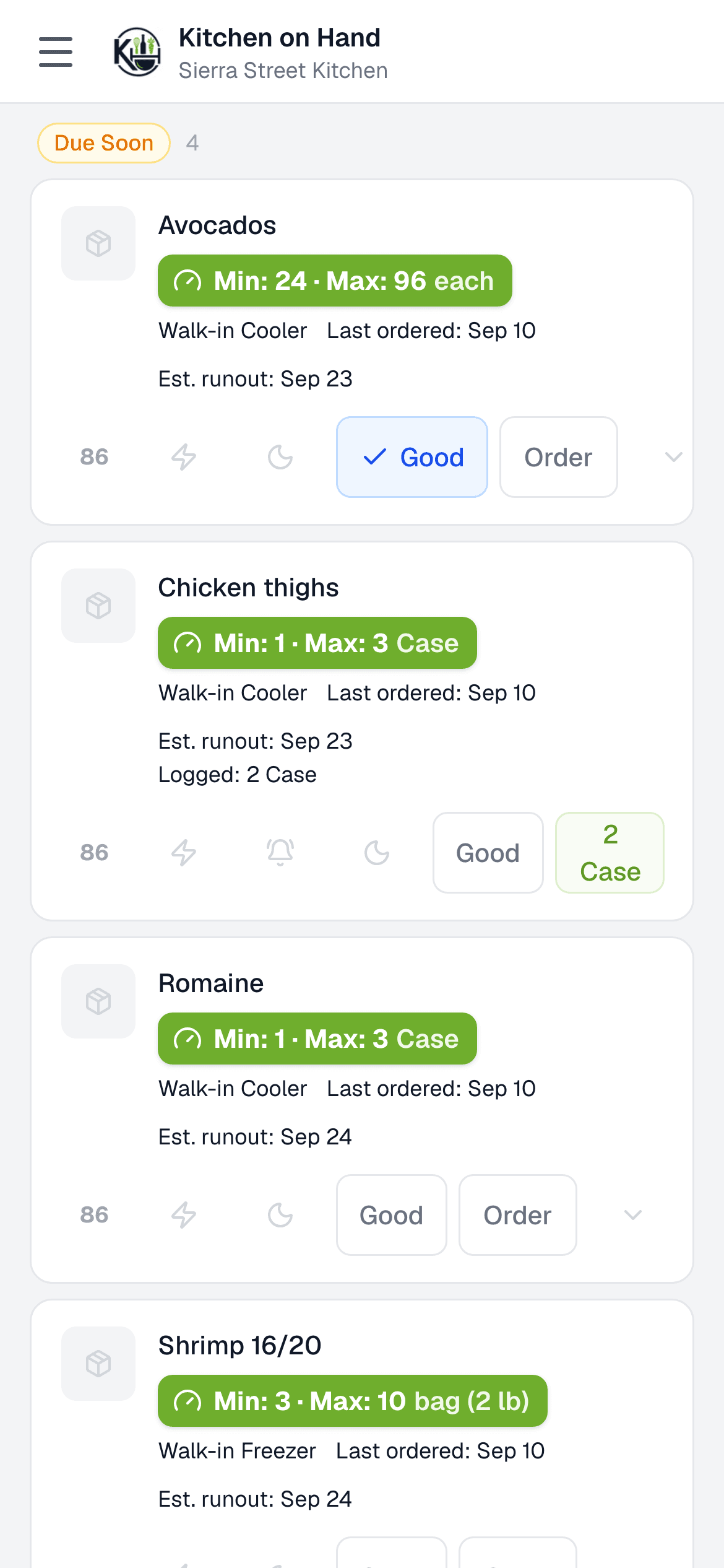 Item Needs on a phone for an example kitchen, mid-walkthrough: items listed by location, each with a Good and an Order button
