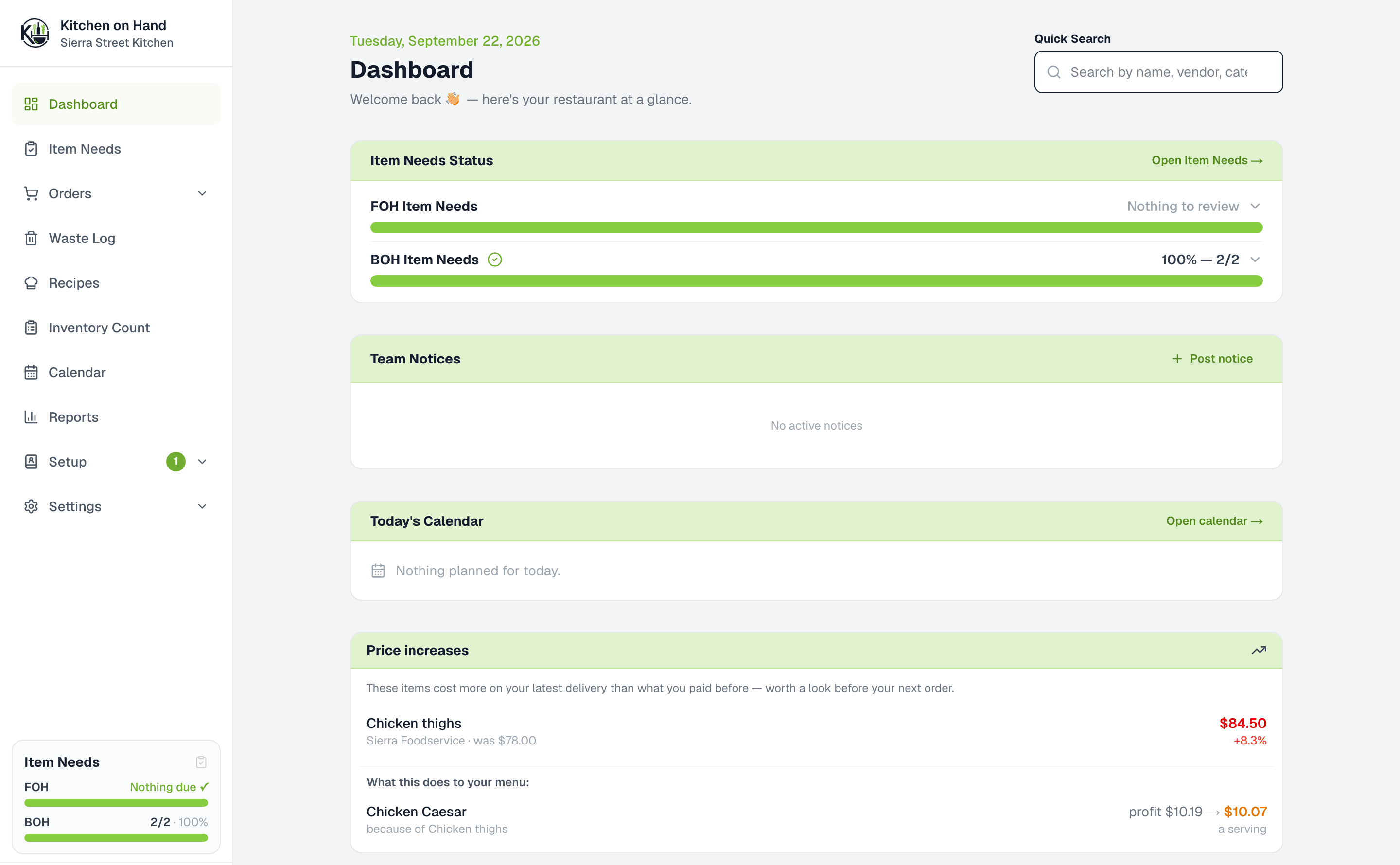 The Kitchen on Hand dashboard for an example kitchen: price increases, waste this month and the recipes those prices affect