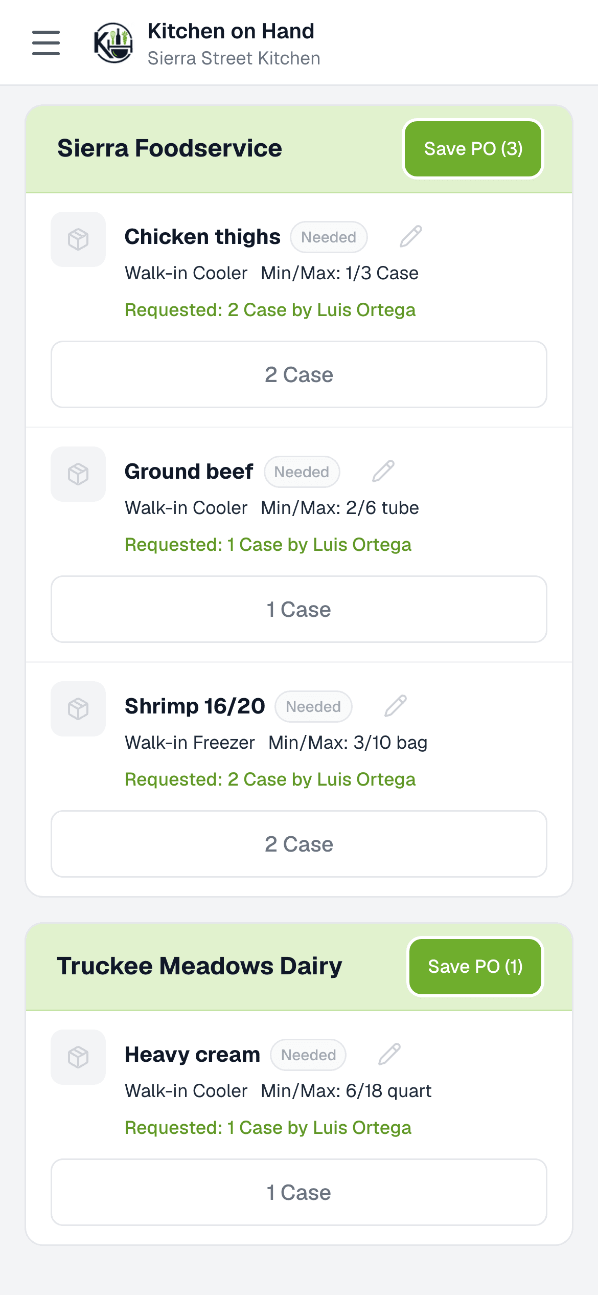 Ready to Order grouped by vendor with a Save PO button