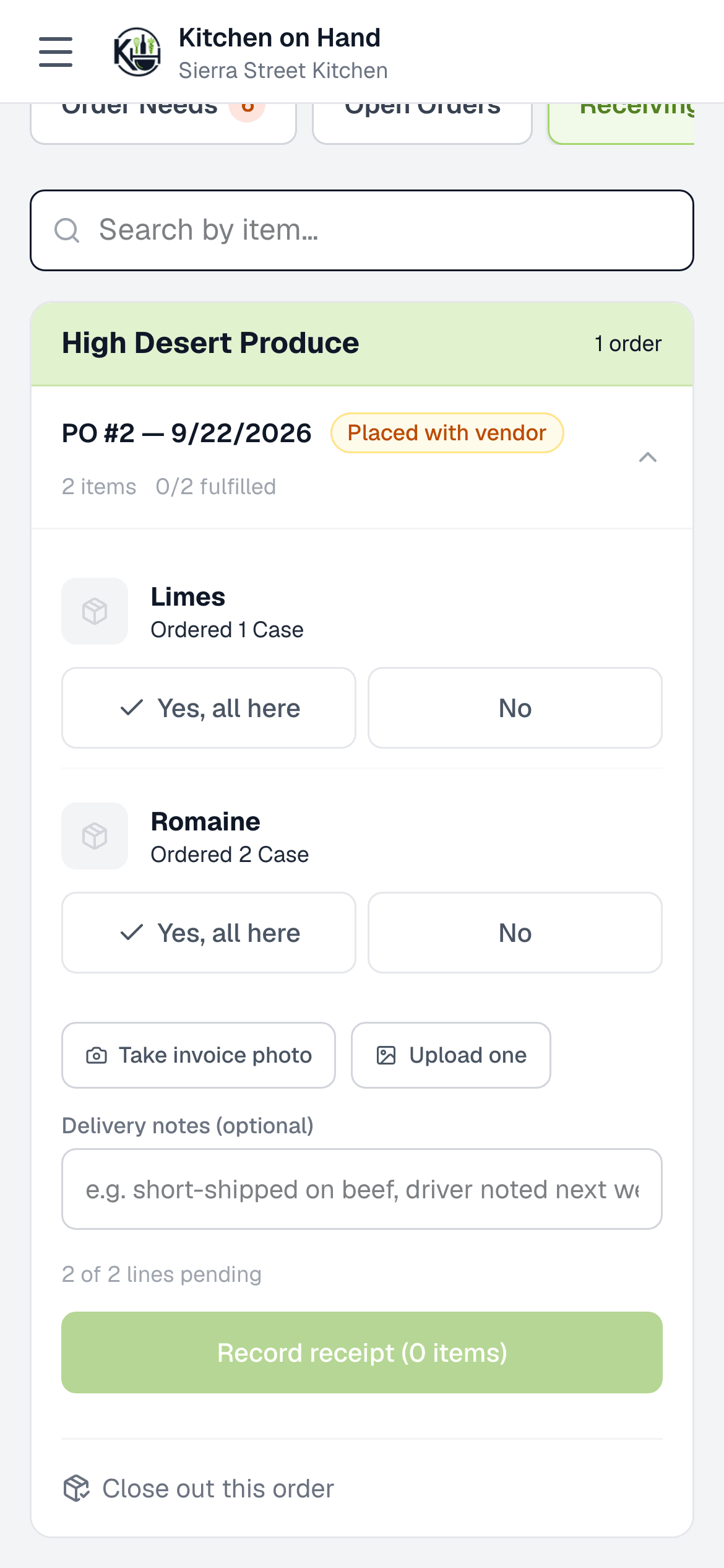 Receiving screen with delivery lines and a “Yes, all here” button on each