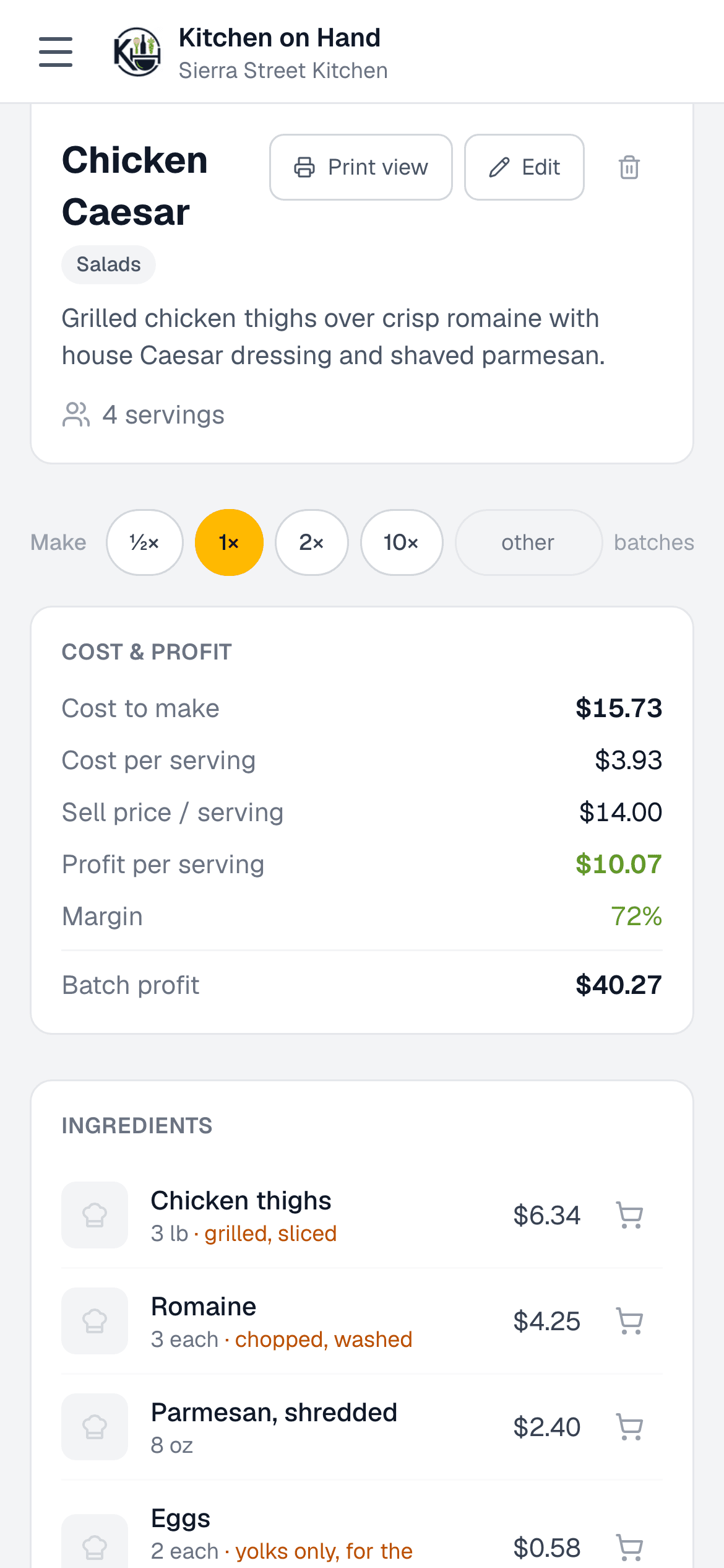 A recipe’s cost and profit panel with cost per serving and margin